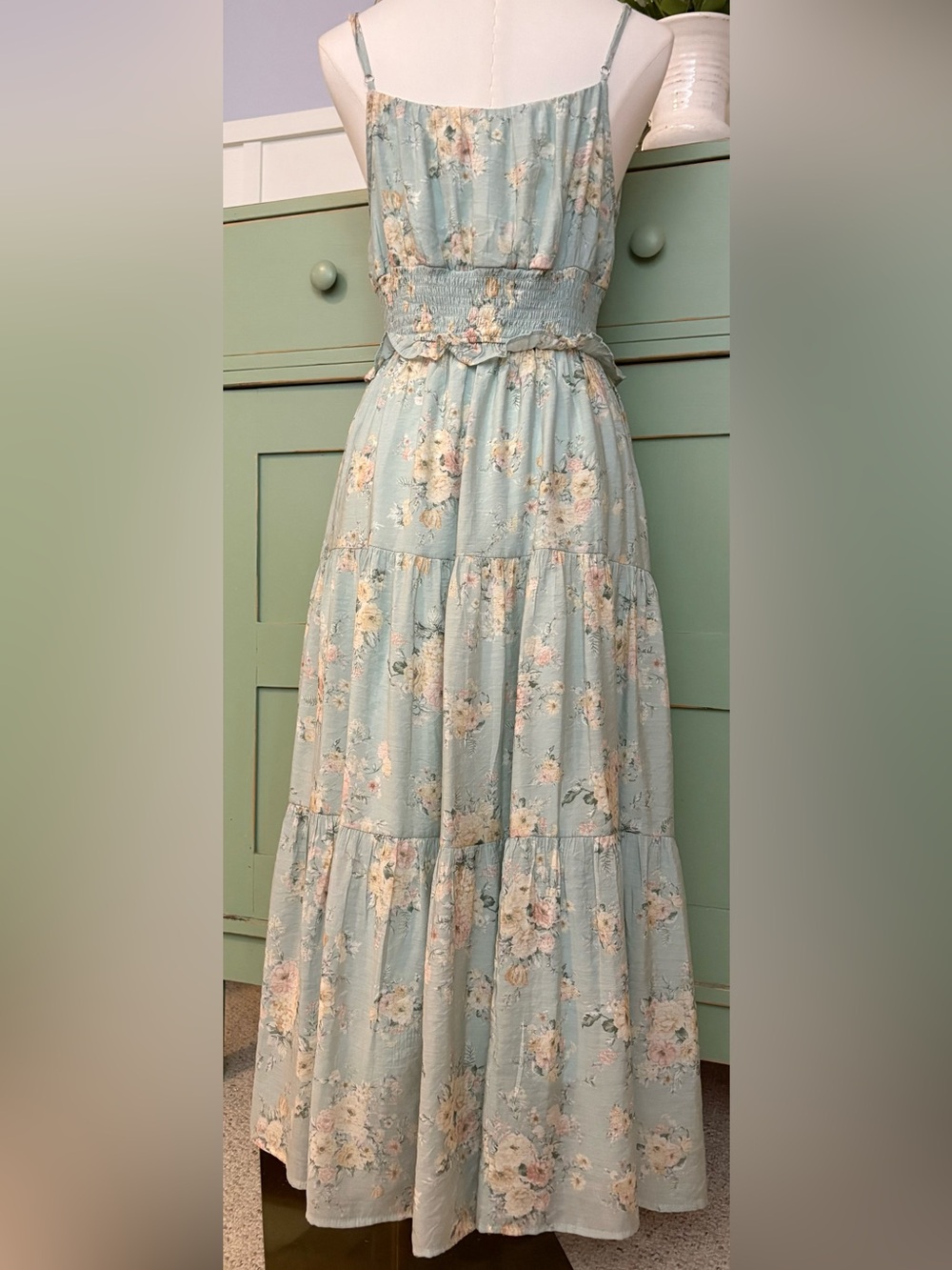 By the River Floral Smocked Tiered Midi Sundress w Vintage Cream & Pink Floral - Picture 7 of 16
